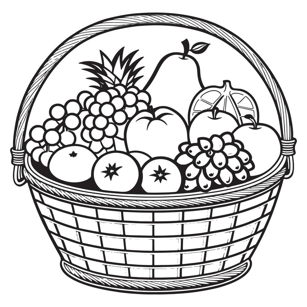 Fruits on a Basket coloring page, Fruits outline drawing coloring book pages for children vector