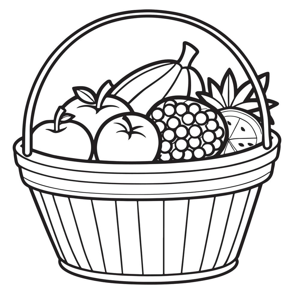 Fruits on a Basket coloring page, Fruits outline drawing coloring book pages for children vector