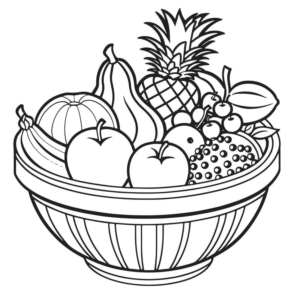 Fruits on a Basket coloring page, Fruits outline drawing coloring book pages for children vector