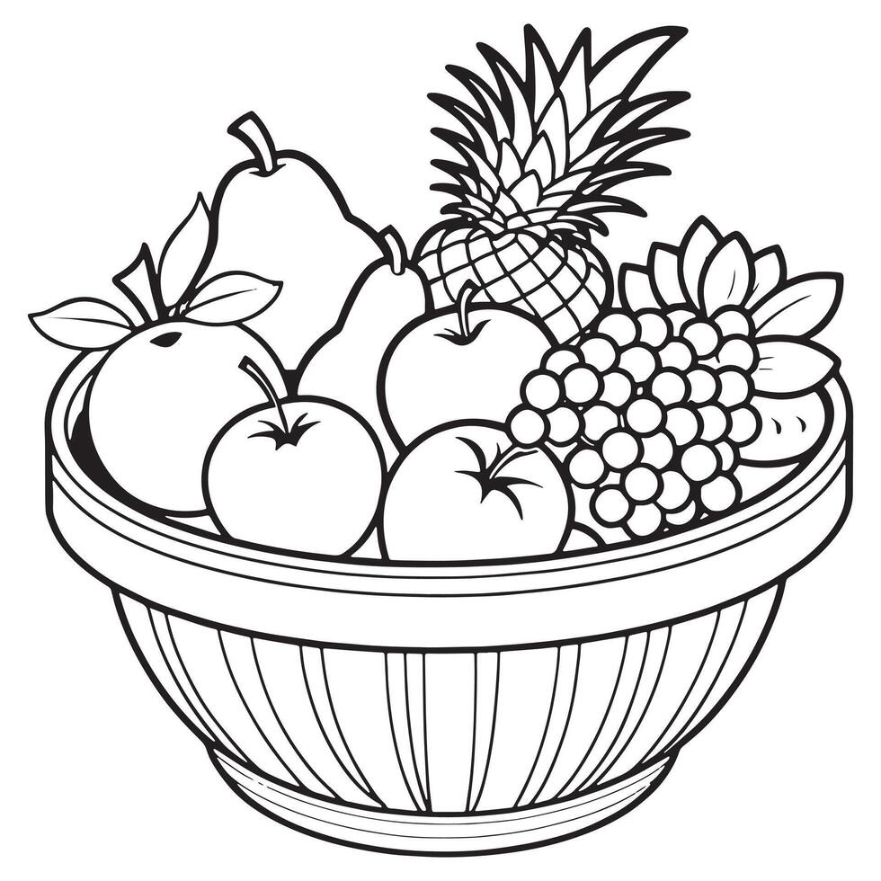 Fruits on a Basket coloring page, Fruits outline drawing coloring book pages for children vector