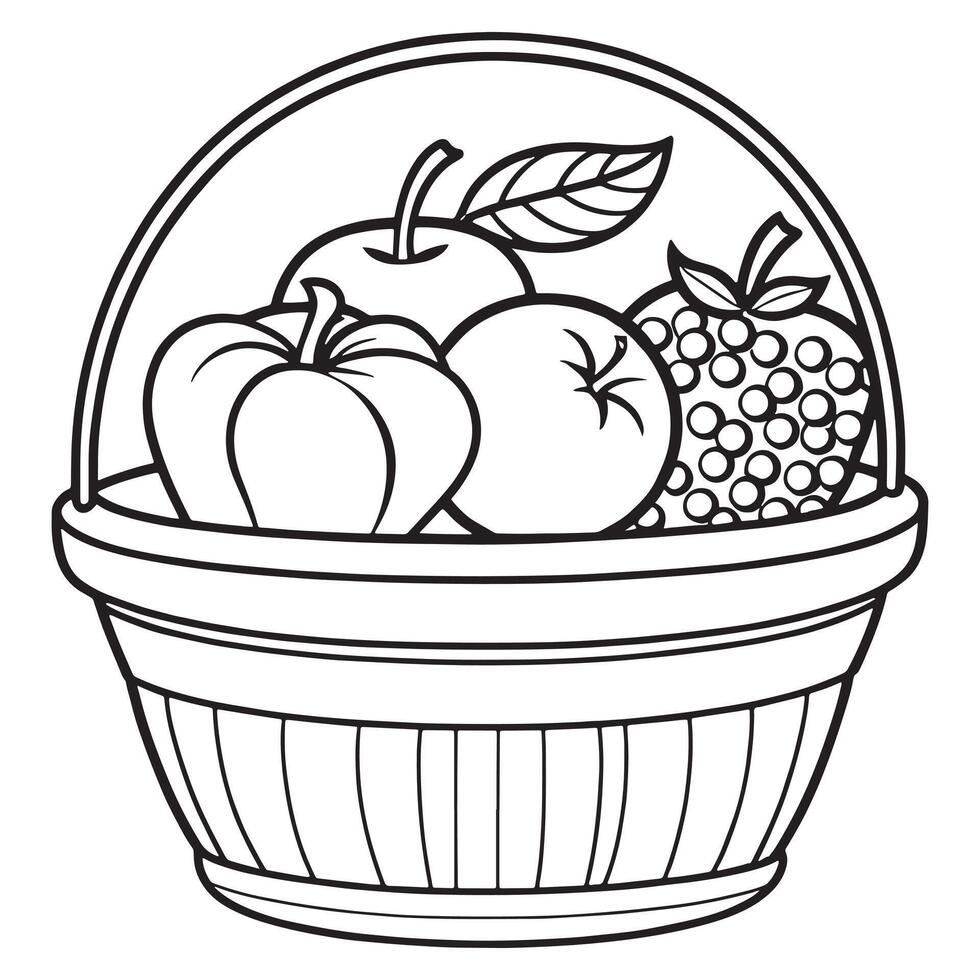 Fruits on a Basket coloring page, Fruits outline drawing coloring book pages for children vector