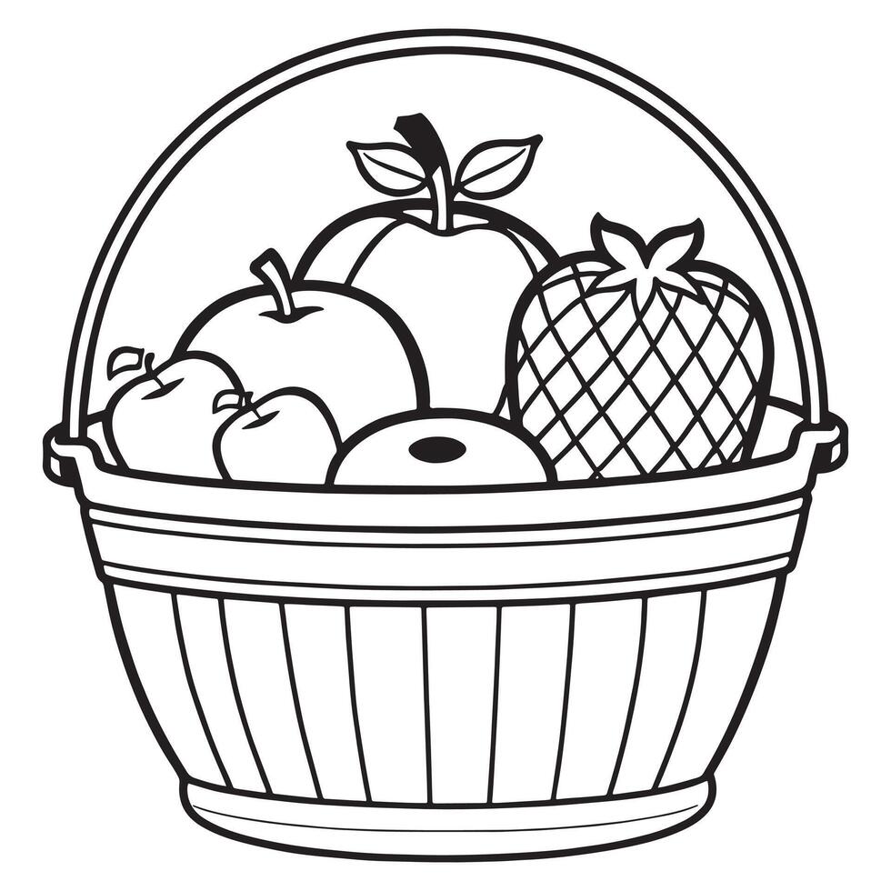 Fruits on a Basket coloring page, Fruits outline drawing coloring book pages for children vector