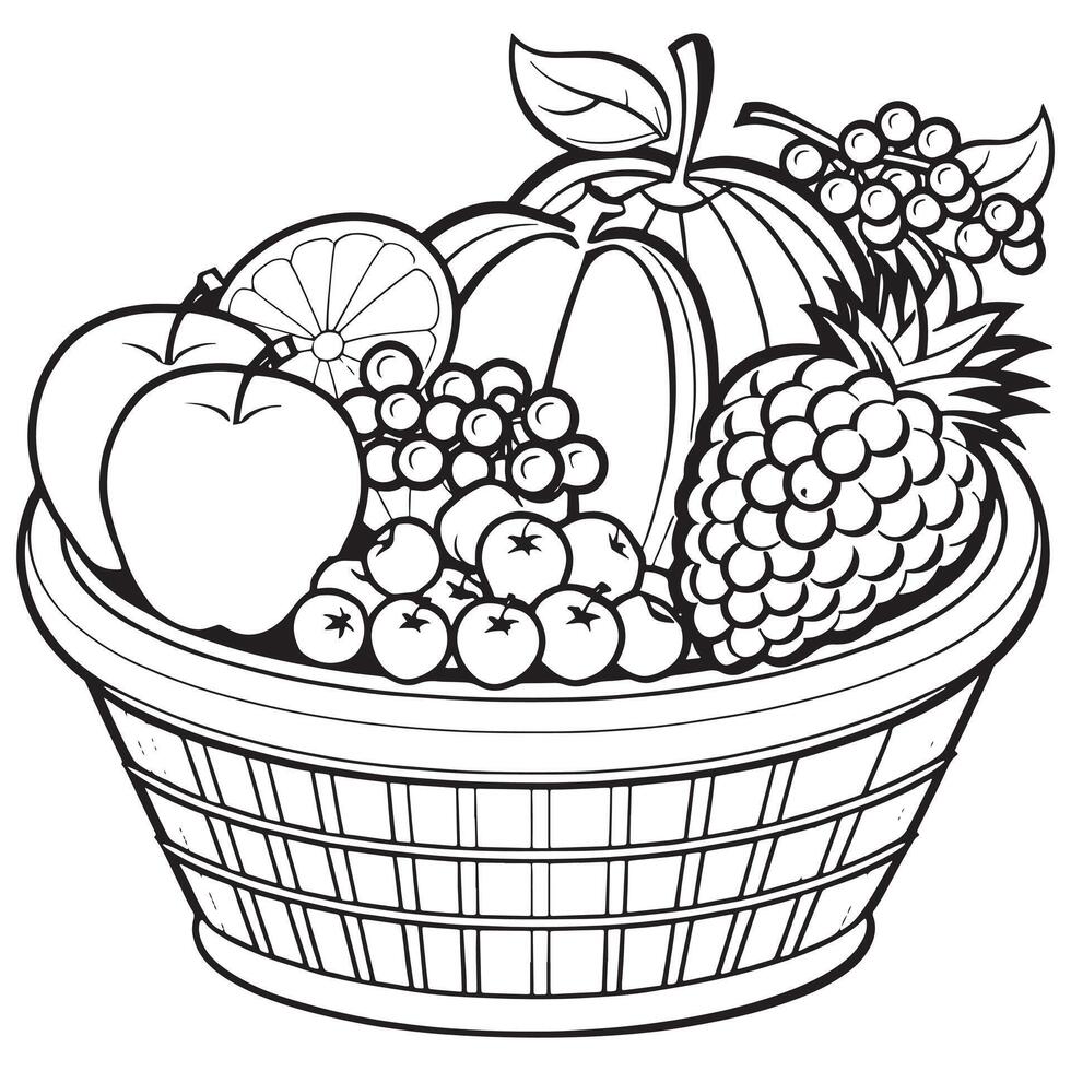 Fruits on a Basket coloring page, Fruits outline drawing coloring book pages for children vector