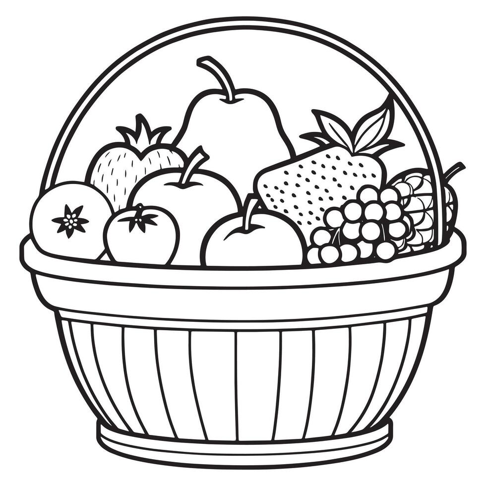 Fruits on a Basket coloring page, Fruits outline drawing coloring book pages for children vector