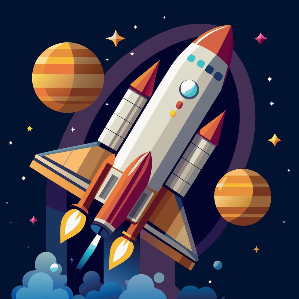 A colorful cartoon depicting space shuttle exploration on a moon trip route. Illustration of a space shuttle and vibrant picture vector