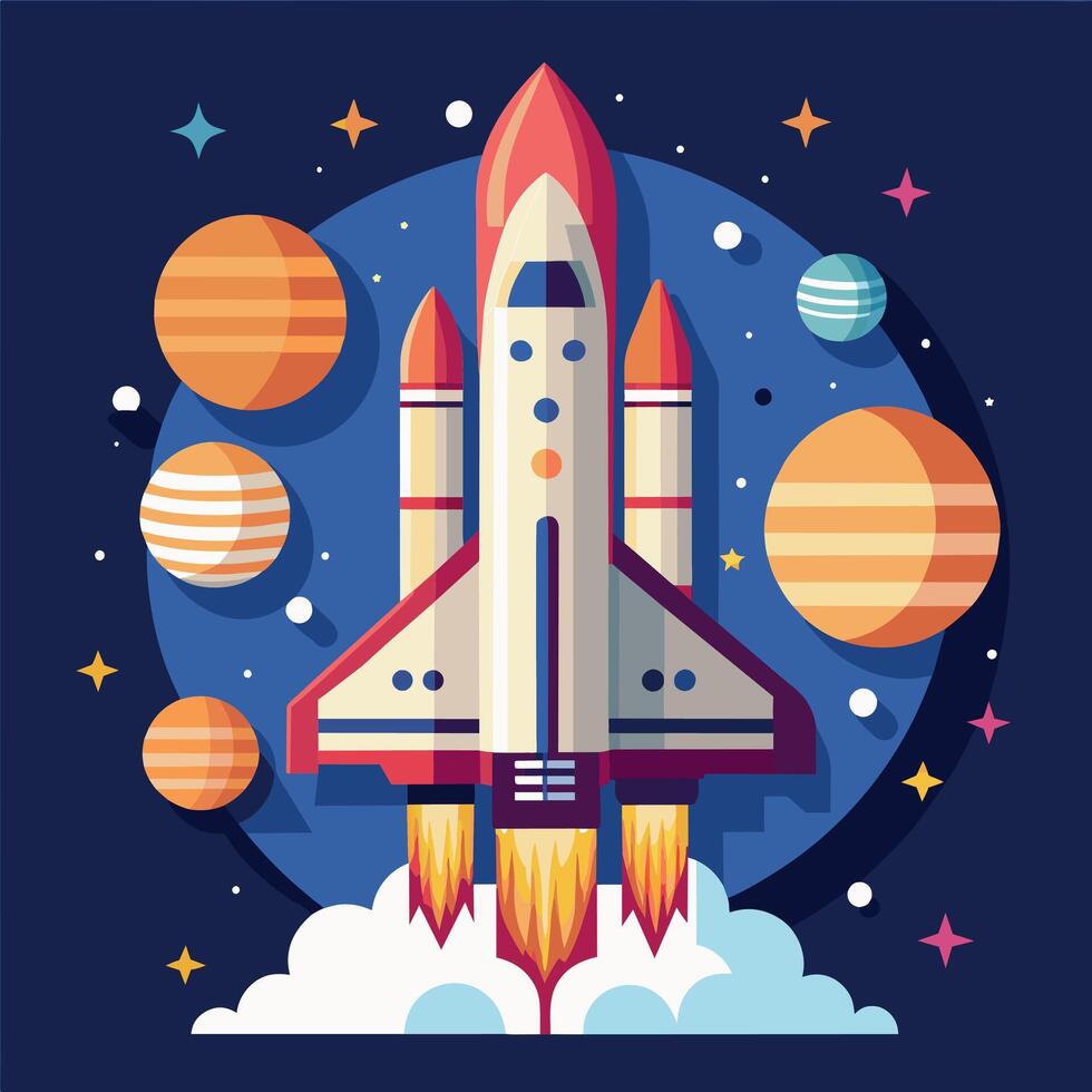 A colorful cartoon depicting space shuttle exploration on a moon trip route. Illustration of a space shuttle and vibrant picture vector