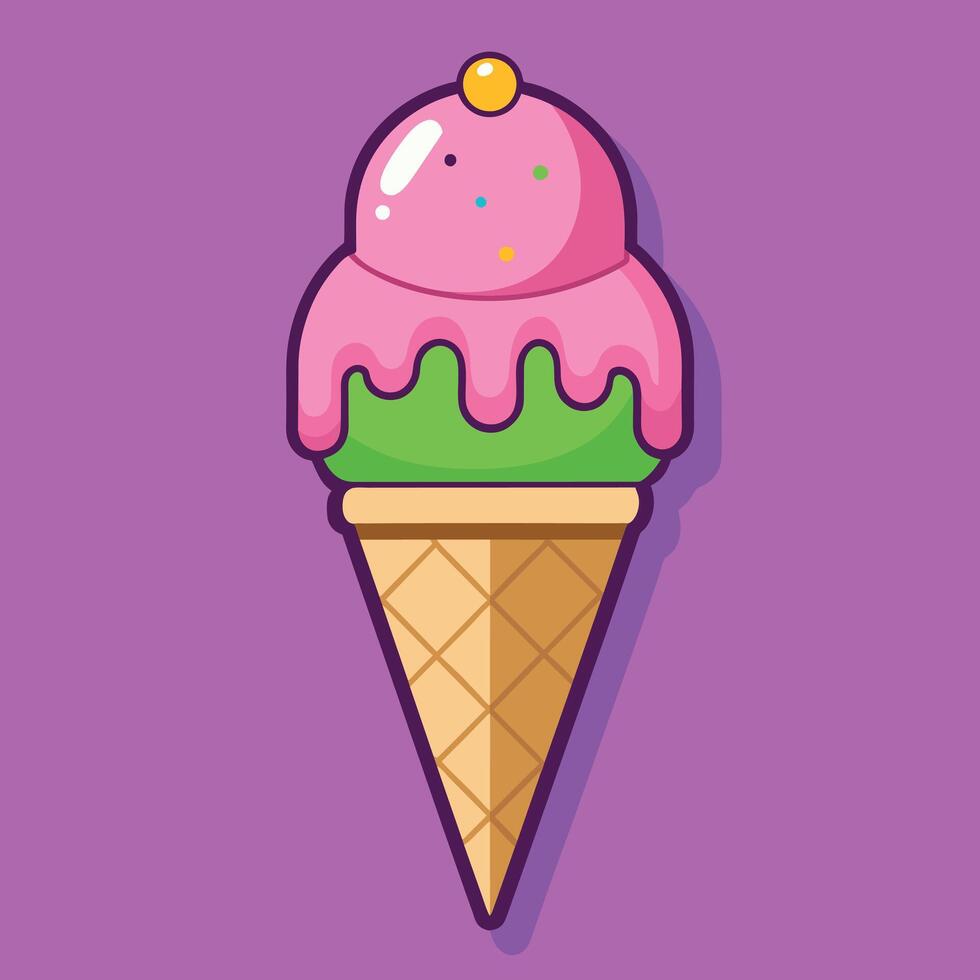 Ice cream cone cartoon vector and illustration. Ice cream sweet food icon cream colored outline