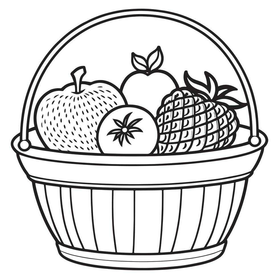 Fruits on a Basket coloring page, Fruits outline drawing coloring book pages for children vector