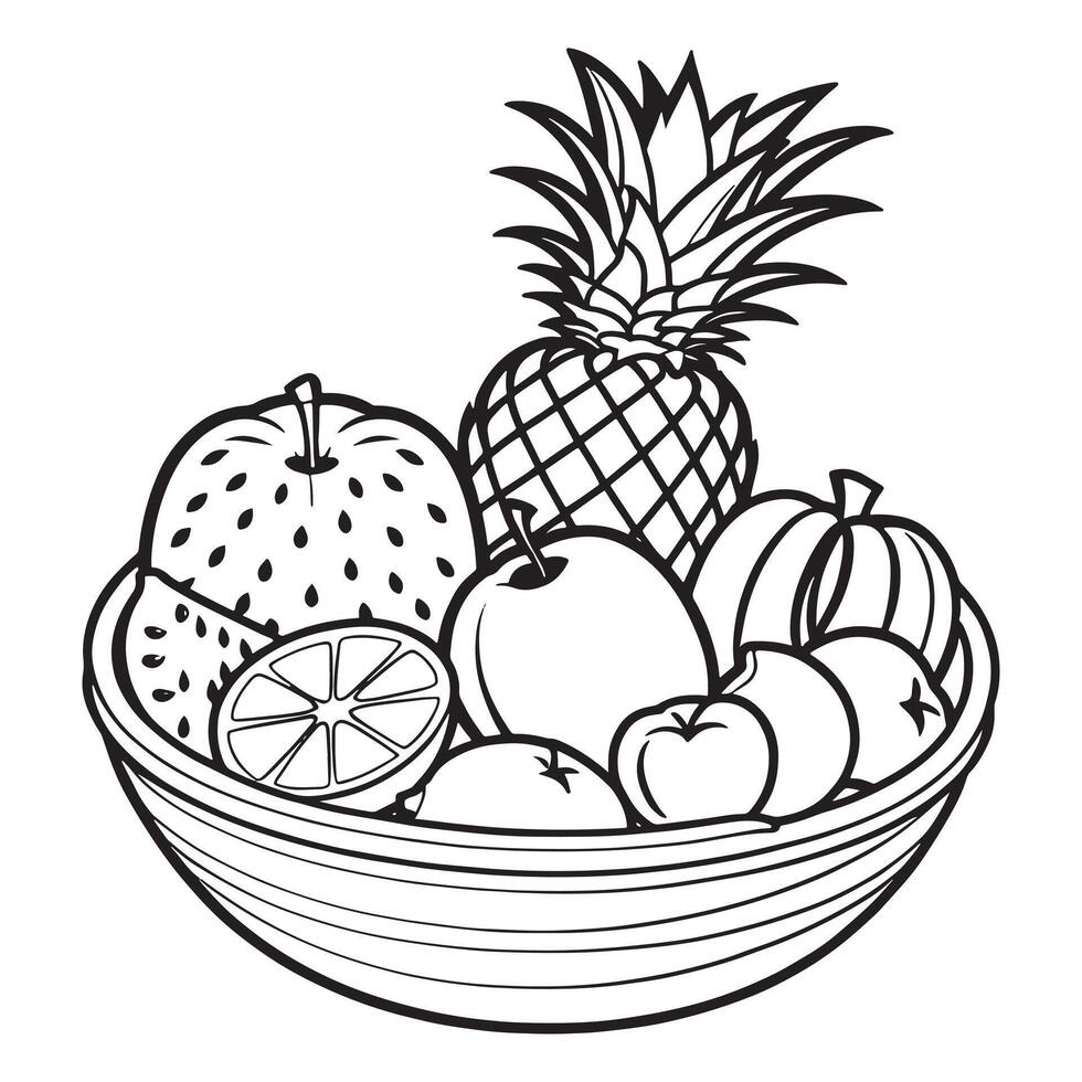 Fruits on a Basket coloring page, Fruits outline drawing coloring book pages for children vector