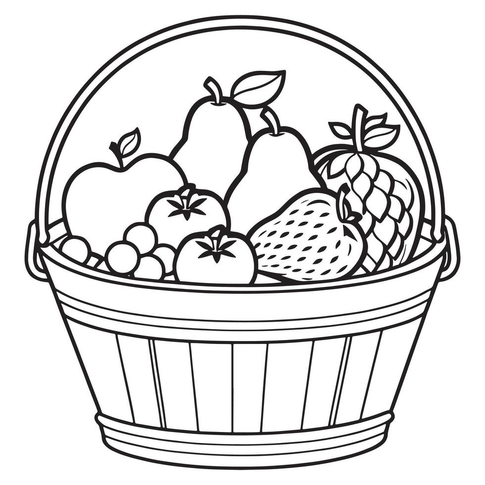 Fruits on a Basket coloring page, Fruits outline drawing coloring book pages for children vector