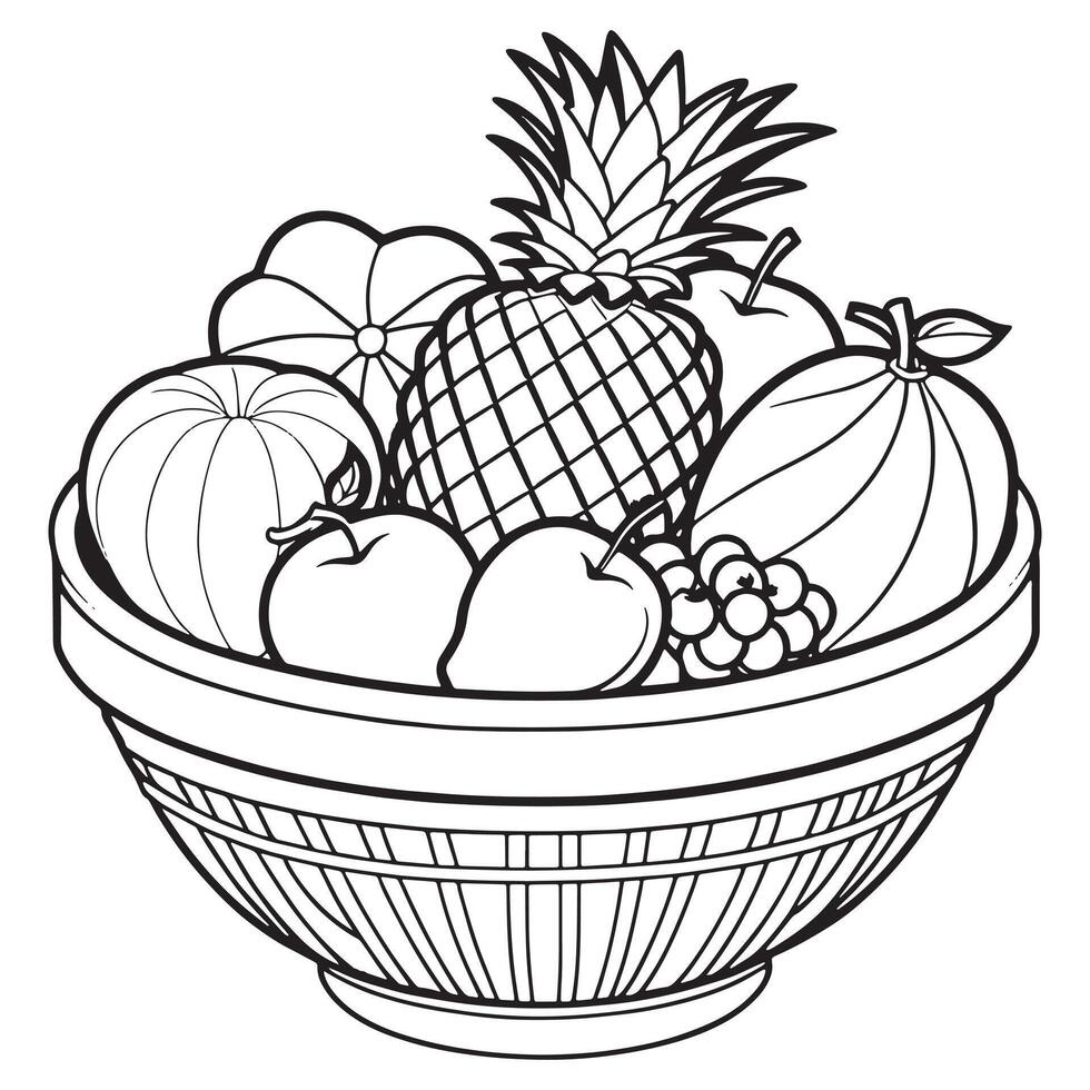 Fruits on a Basket coloring page, Fruits outline drawing coloring book pages for children vector