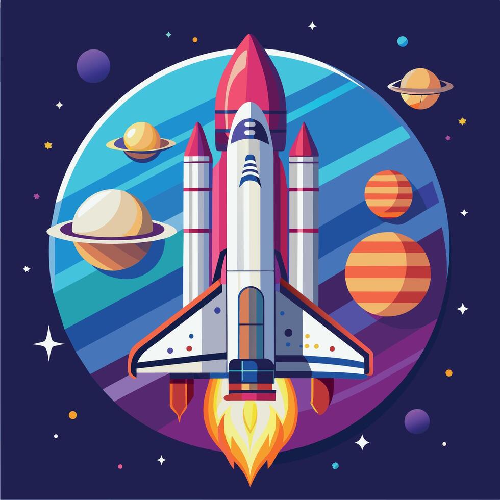 A colorful cartoon depicting space shuttle exploration on a moon trip route. Illustration of a space shuttle and vibrant picture vector