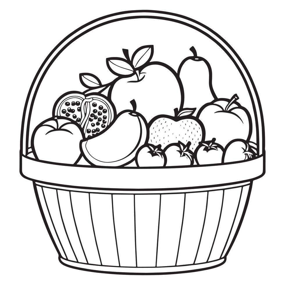 frutas en un cesta colorante página, frutas contorno dibujo colorante libro paginas para niños vector