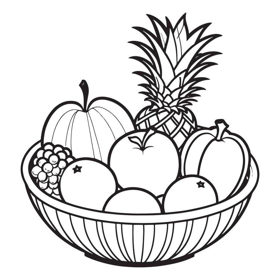 Fruits on a Basket coloring page, Fruits outline drawing coloring book pages for children vector