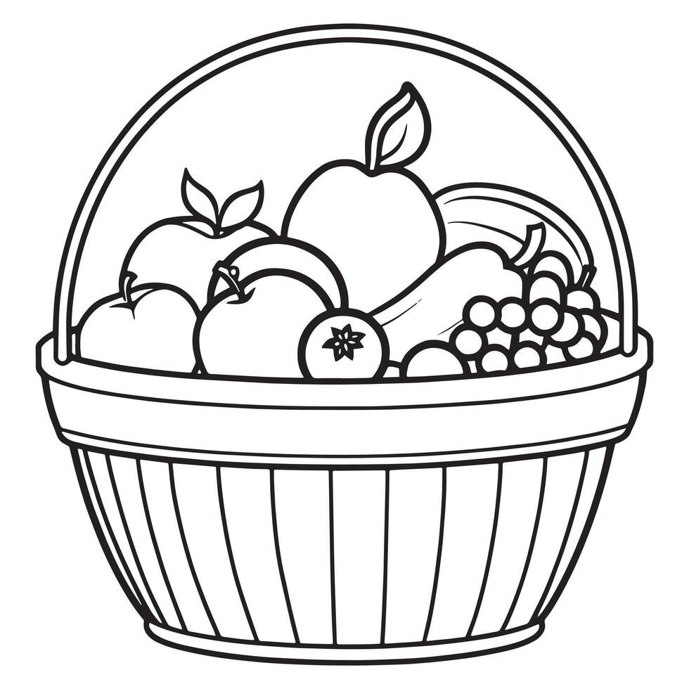 Fruits on a Basket coloring page, Fruits outline drawing coloring book pages for children vector