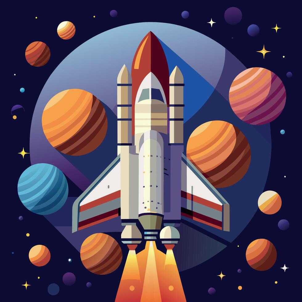 A colorful cartoon depicting space shuttle exploration on a moon trip route. Illustration of a space shuttle and vibrant picture vector