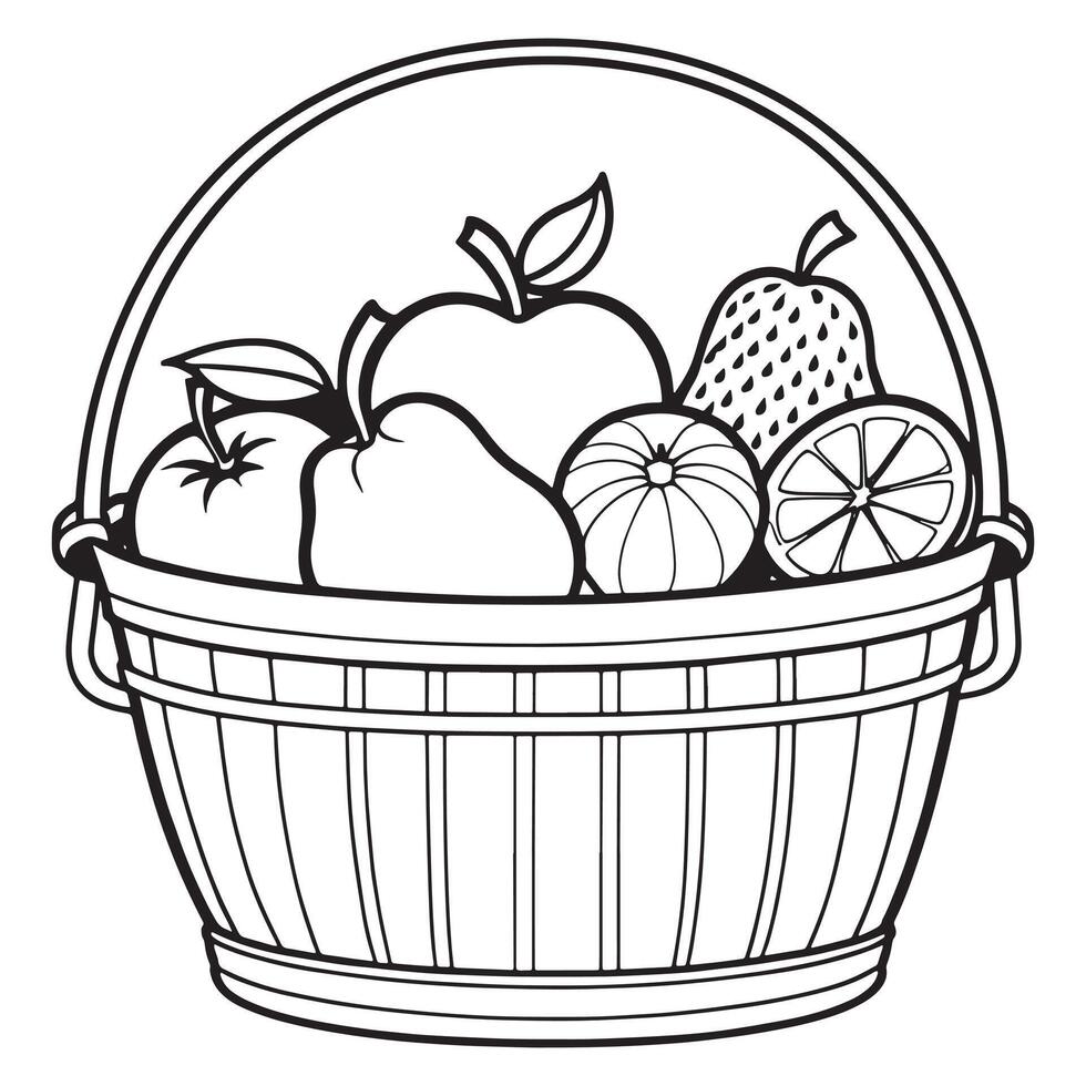 Fruits on a Basket coloring page, Fruits outline drawing coloring book pages for children vector