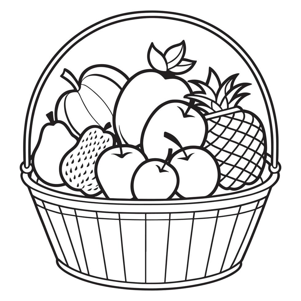 frutas en un cesta colorante página, frutas contorno dibujo colorante libro paginas para niños vector