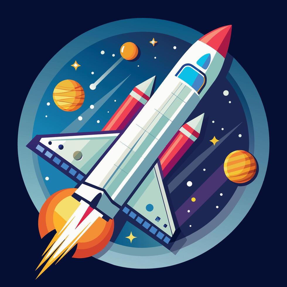 A colorful cartoon depicting space shuttle exploration on a moon trip route. Illustration of a space shuttle and vibrant picture vector