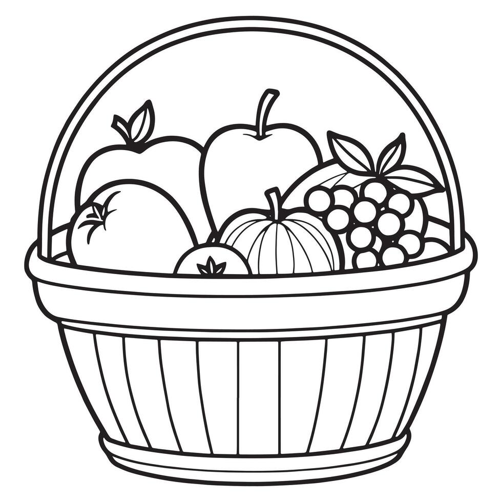 Fruits on a Basket coloring page, Fruits outline drawing coloring book pages for children vector