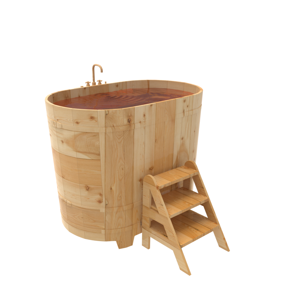 a wooden bathtub with a ladder and a wooden step png