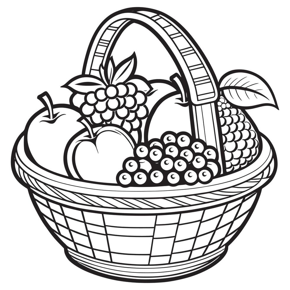 Fruits on a Basket coloring page, Fruits outline drawing coloring book pages for children vector