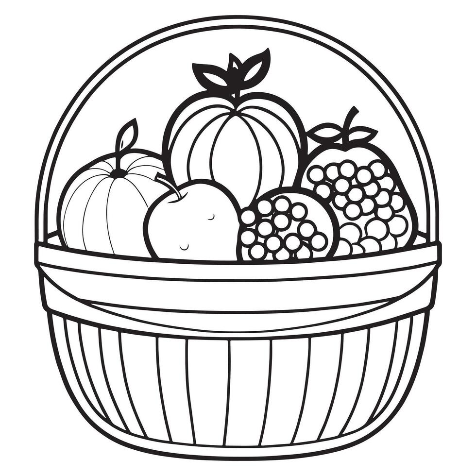 Fruits on a Basket coloring page, Fruits outline drawing coloring book pages for children vector