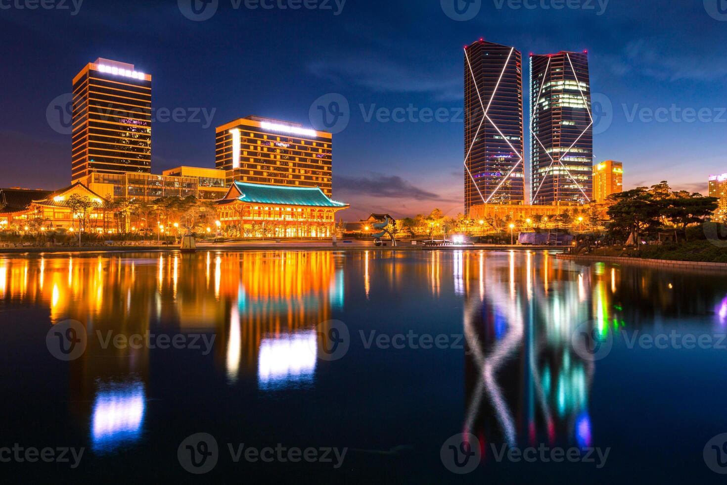 Night view in sumer at Songdo Central Park in Songdo  District, Incheon, South Korea. photo