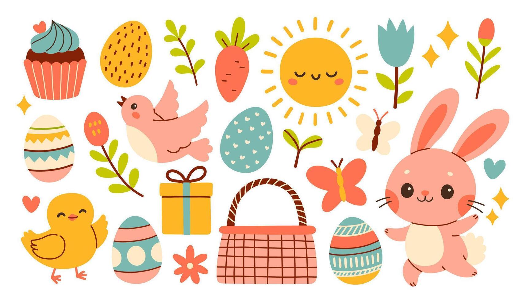 Spring and Easter collection of cute animals, flowers and decorations. Perfect for poster, card, scrapbooking , tag, invitation, sticker kit. Hand drawn vector illustration.