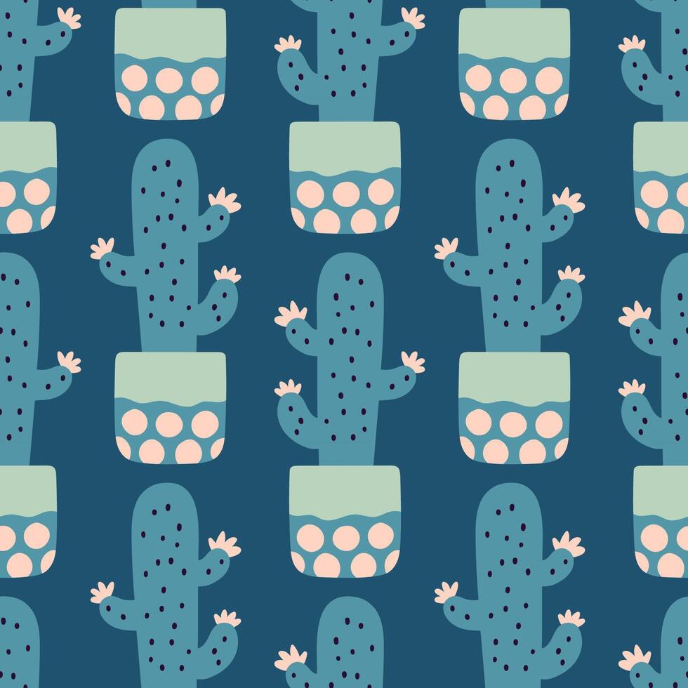 Cute cactus seamless pattern. Mexican cactus in pot. Desert spiny plant, mexico cacti flower and tropical home plants. Flora isolated vector pattern