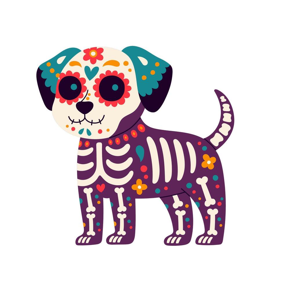 Day of the Dead, Dia de los muertos, dog skull and skeleton decorated with colorful Mexican elements and flowers. Fiesta, Halloween, holiday poster, party. Vector illustration.