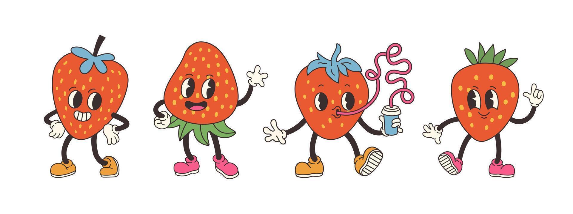 Groovy strawberry set. Hand draw Funny Retro vintage trendy style strawberry cartoon character illustration. Doodle Comic collection. Vector illustration