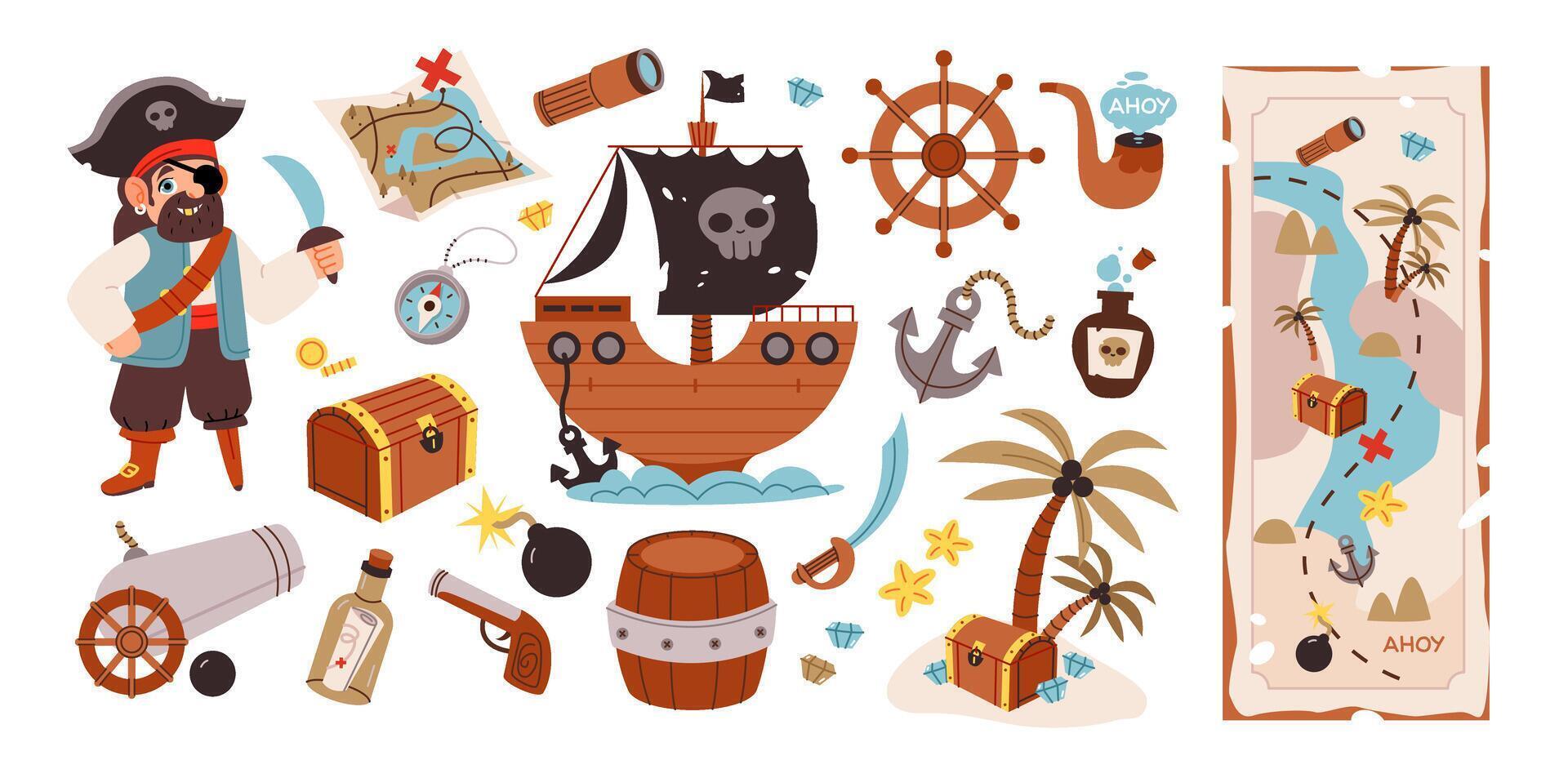 pirata conjunto con linda elementos de mar aventuras pirata, tesoro, barco, isla con palma arboles y mapa. plano vector ilustración