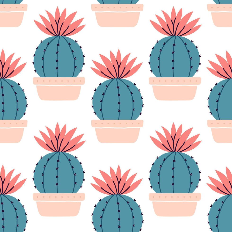 Cute cactus seamless pattern. Mexican cactus in pot. Desert spiny plant, mexico cacti flower and tropical home plants. Flora isolated vector pattern