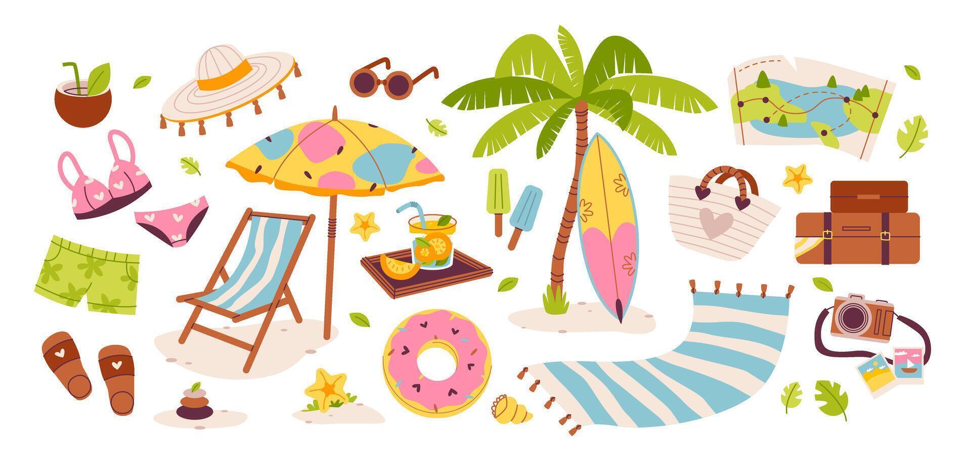 Summer set of cute elements, drawn in a minimalist style. Flat vector illustration. Summertime and beach icons