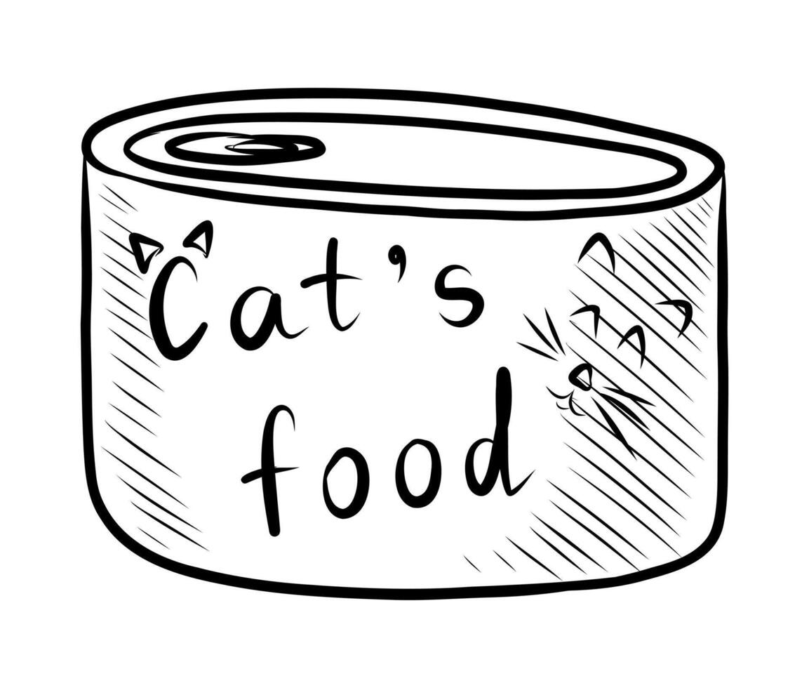 BLACK AND WHITE VECTOR DRAWING OF CANNED FOOD CANS FOR A CAT