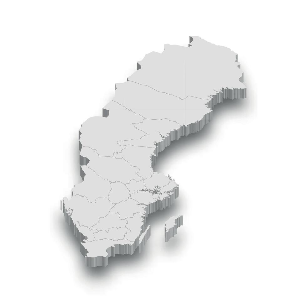 3d Suecia blanco mapa con regiones aislado vector