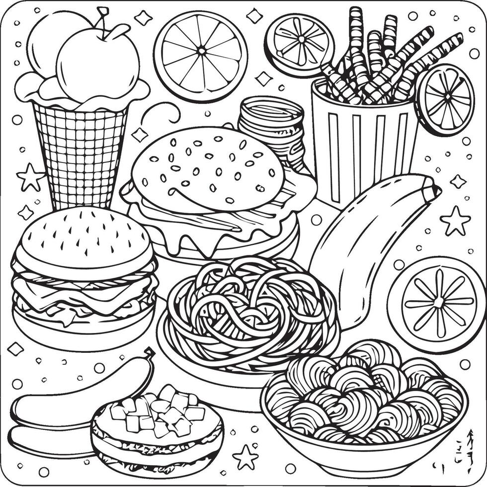 Food coloring pages for coloring book. Food outline vector. vector