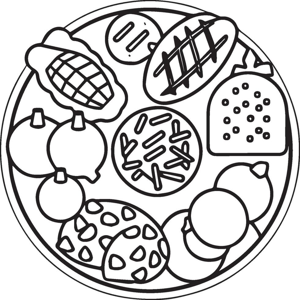 Food and Snacks Coloring pages for coloring book. Food coloring pages. Fast food coloring pages. vector