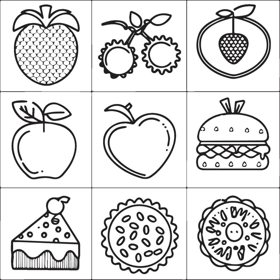Food coloring pages for coloring book. Food outline vector. vector