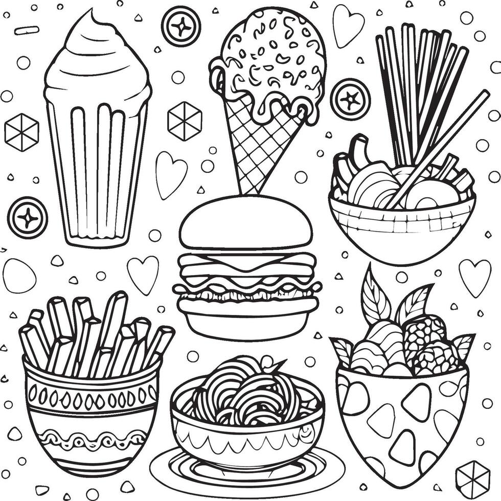 Food coloring pages for coloring book. Food outline vector. vector