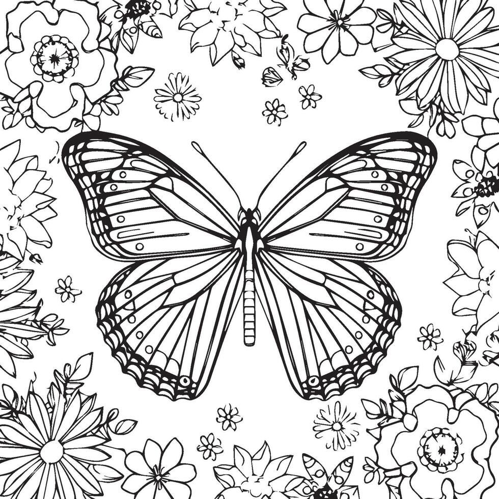 Butterflies and flowers coloring pages for coloring book vector