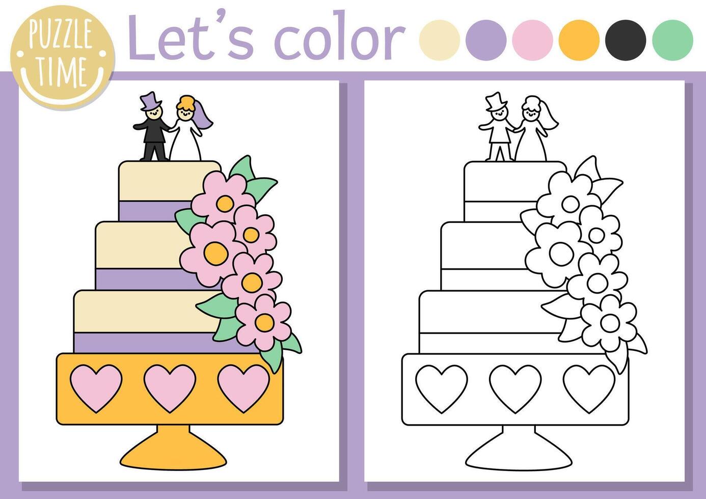 Coloring page for children with cute wedding cake decorated with flowers, bride and groom. Vector marriage ceremony color book for kids with colored example. Drawing skills printable worksheet