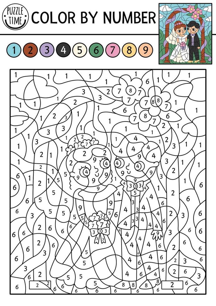 Vector wedding color by number activity with cute just married couple. Marriage ceremony scene. Black and white counting game or coloring page with funny bride and groom for kids