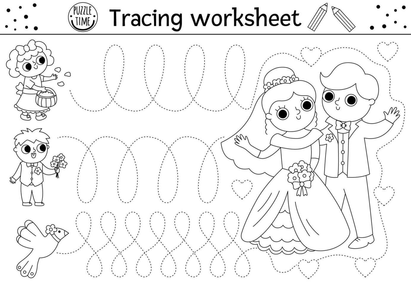 Vector wedding handwriting practice worksheet. Marriage ceremony printable black and white activity for preschool kids. Tracing game for writing skills. Coloring page with bride, groom and guests