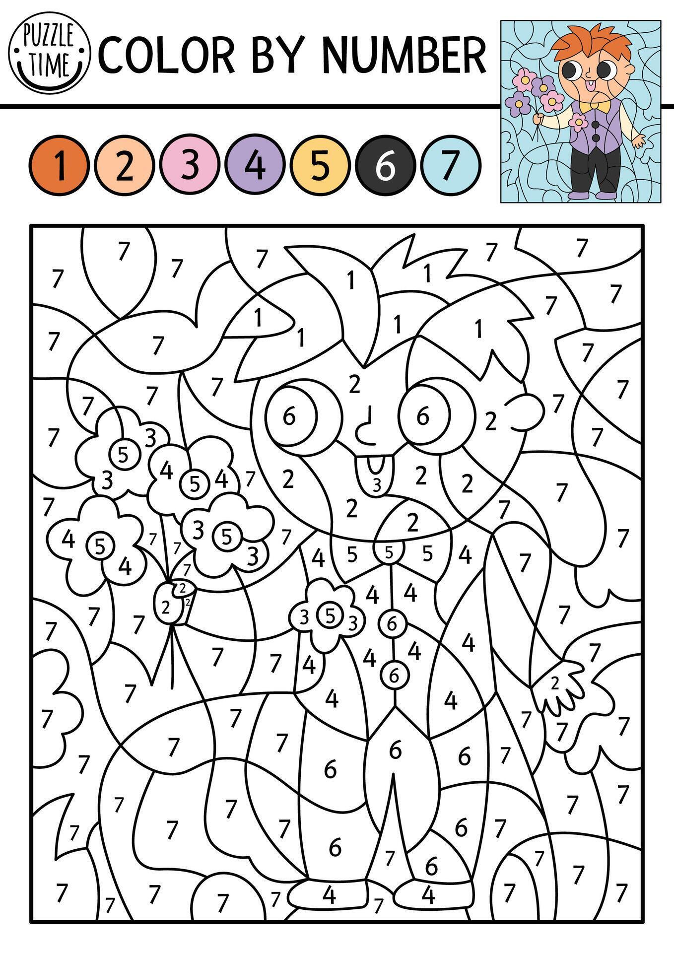 Vector color by number activity with cute boy in smart suit with ...