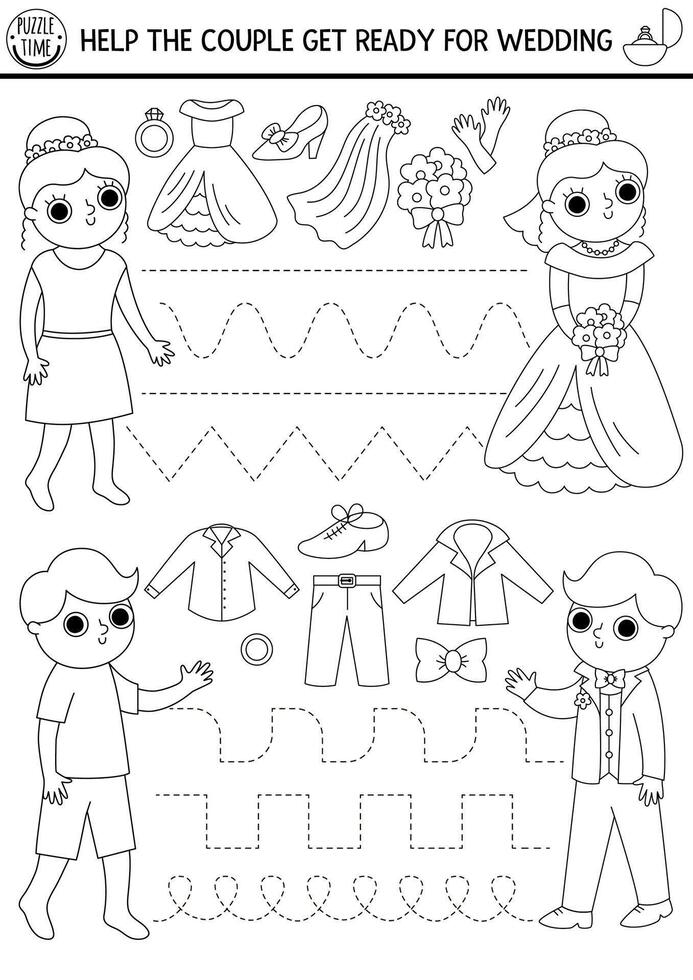 Vector wedding handwriting practice worksheet with bride and groom and clothes. Tracing game or black and white coloring page for writing skills. Help the couple get ready for marriage