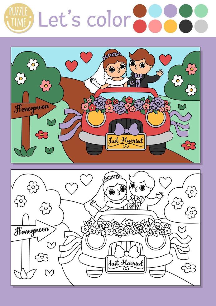 Wedding coloring page for children with cute just married couple going on honeymoon. Vector marriage ceremony color book for kids with colored example. Drawing skills printable worksheet