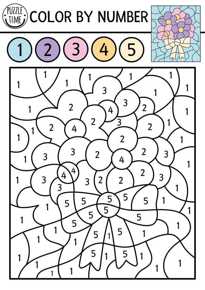 Vector wedding or spring color by number activity with cute bouquet and bow. Marriage ceremony or bride accessory. Black and white counting game or coloring page with flower arrangement