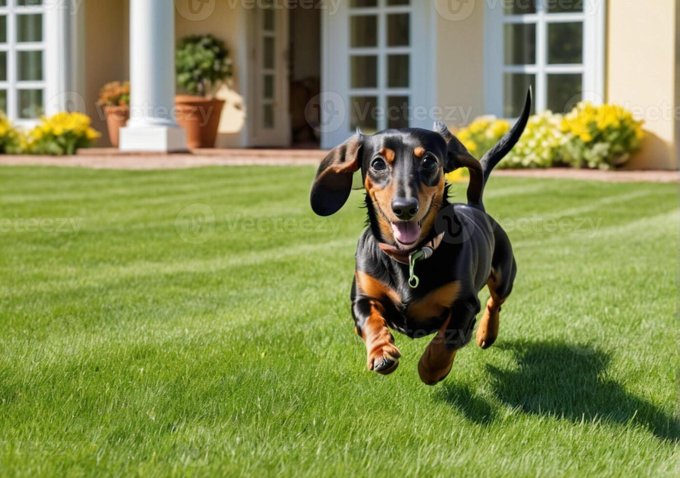 AI generated A cute dachshund running on the lawn outside a beautiful house. A sunny spring day. photo